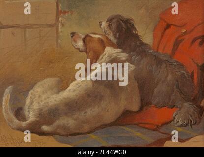 John Frederick Herring, 1795â–1865, inglese, UN Hound e un Bearded Collie seduti su un coat di caccia, 1855. Olio su carta posata su tela. Arte animale , cappotto , cani (animali) Foto Stock