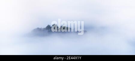 Paesaggi mozzafiato di lussureggianti alberi colorati che crescono nella foresta valle montagnosa contro il cielo foggoso in autunno Foto Stock