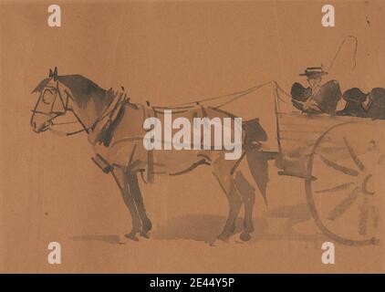 Joseph Crawhall, 1861â–1913, British, Auntie Bee con le sue due nieces in un Pony Cart, 1896. Inchiostro nero su carta media, liscia, beige wove. Arte animale , zia , carrello , carrello , cavallo (animale) , nipote , pony , carro Foto Stock