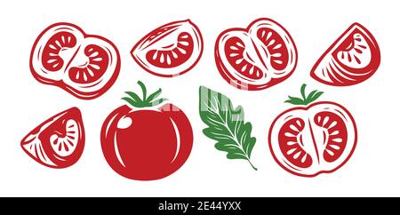 Set di simboli di pomodoro. Cibo, verdure a fette. Prodotto di mercato agricolo Illustrazione Vettoriale