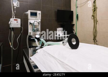 Ossigeno e attrezzature professionali poste in sala operatoria di moderno clinica veterinaria Foto Stock