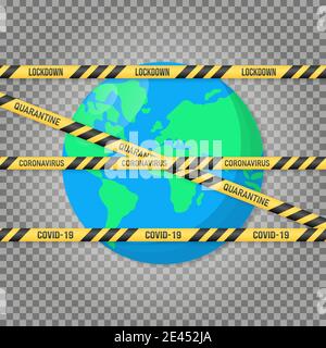 Nastri di quarantena strisce intorno al pianeta Terra. Pandemia fermare l'epidemia di Coronavirus 2019-nCoV. Illustrazione Vettoriale