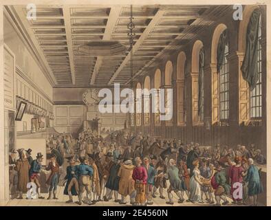 Stampa realizzata da Thomas Rowlandson, 1756â–1827, British, The Long Room, Custom House, 1808. Acquaforte e acquatinta con colorazione a mano ad acquerello su carta media, leggermente testurizzata, di wove crema. Foto Stock