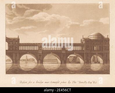 Stampa realizzata da Paul Sandby RA, 1731â–1809, inglese, Design for a Bridge near Somerset Place, ca. 1780. Incisione e acquatinta stampate in inchiostro marrone su carta media, leggermente testurizzata, crema. Foto Stock