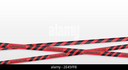 Avviso banner coronavirus con strisce rosse nere. Sfondo bianco con spazio per la copia. Illustrazione Vettoriale