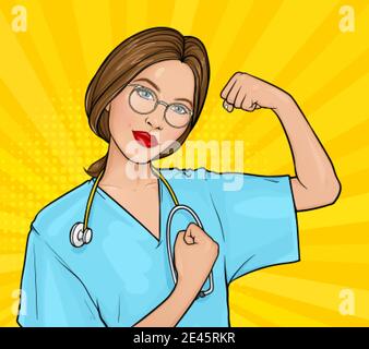 Vettore pop art illustrazione di una dottoressa con occhiali in uniforme che dimostra la sua forza da pugno. Poster motivante con un infermiere medico possiamo farlo. Concetto di medicina e sanità. Illustrazione Vettoriale