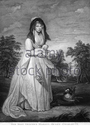 Charlotte di Meclemburgo-Strelitz, 1744 – 1818, fu regina di Gran Bretagna e Irlanda dal suo matrimonio con re Giorgio III, illustrazione d'epoca del 1800 Foto Stock