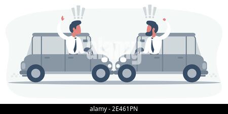 Conflitto tra due piloti sulle vetture, nessuno vuole cedere il passo l'uno all'altro. Gli uomini discutono e giurano, dai finestrini laterali dell'auto. Strada congestionata. Illustrazione Vettoriale
