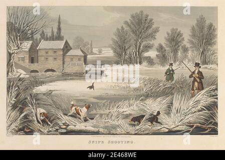 Stampa realizzata da Matthew Dubourg, Active 1786â–1838, British, Snipe Shooting, 1822. Acquatinto e acquaforte con colorazione a mano su carta wove beige di spessore moderato, leggermente testurizzata. Arte animale , rami , calzoni (pantaloni) , costume , gamberetti , ruscello , congelato , cacciatori , caccia , cani da caccia , ghiaccio , paesaggio , giglio pastiglie , canne , scarpe da equitazione , cappotti da equitazione , fiume , snipes (uccelli) , neve , arte sportiva , fucile sportivo , sportivi , top cappelli , alberi , inverno Foto Stock