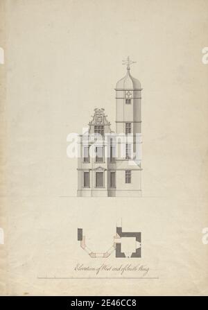 James Wyatt, 1746â–1813, British, Cobham Hall, Kent: Altezza ovest dell'ala sud, ca. 1790. Grafite, penna e inchiostro nero e grigio su carta di wove crema di spessore moderato, moderatamente testurizzata. Soggetto architettonico , balcone , elevazioni (disegni) , stampaggio , torre (divisione edilizia) , pale del vento. Cobham , Cobham Hall , Inghilterra , Kent , Regno Unito Foto Stock