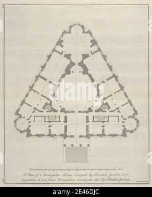 Paul Fourdrinier, francese, un piano di una casa triangolare progettato da Theodore Jacobsen Esqr, senza. Incisione su carta leggermente testurizzata, di spessore moderato, di forma crema. Disegno architettonico , soggetto architettonico , disegno , casa , misurazione , piano (disegno) , scala (regola) , triangolare Foto Stock