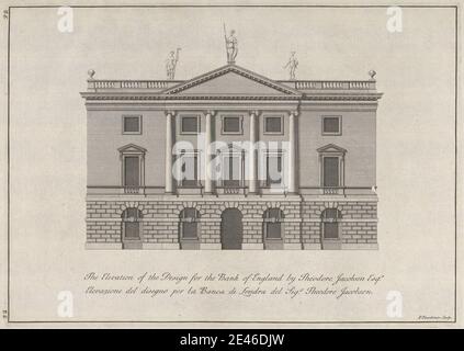 Paul Fourdrinier, francese, The Elevation of the Design for the Bank of England di Theodore Jacobsen Esqr, non datato. Incisione su carta panna leggermente spessa, leggermente testurizzata. Archi , disegno architettonico , soggetto architettonico , banca , colonne , disegno , elevazione (disegno) , misura , neo-classica , frontoni , pianta (disegno) , statue , finestre. Città di Londra , Inghilterra , Europa , Grande Londra , Regno Unito Foto Stock