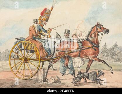 Henry Thomas Alken, 1785â–1851, British, Discoveries sportive, o le miserie di guida ... Scoprite che avete trascurato un piccolo alberino su voi mano del whip, undated. Acquerello, con penna, in inchiostro marrone e inchiostro nero, su grafite su mezzo, moderatamente testurizzato, crema, carta di wove. Carrozza , cane (animale) , conducente , guida , genere oggetto , cappelli , cavallo (animale) , uomini , percorso , persone , poodle (cane) , posta , alberi , frusta , donna Foto Stock