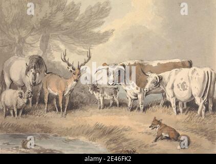 Samuel Howitt, 1756â–1822, British, UNA rana che affronta un cerchio di animali, senza dati. Acquerello, con penna, in inchiostro nero, e inchiostro grigio, su grafite su carta media, leggermente testurizzata, crema, wove. Arte animale Foto Stock