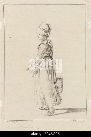 Stampa realizzata da James Bretherton, ca. 1730â-1806, British, A Maid, 1774. Incisione su carta deposta bianca, ruvida e di spessore moderato. Grembiule , cesto , cofano (cappello) , abito , studio della figura , soggetto del genere , cameriera , cappello della mob , profilo (figura) , ombra , camminare , donna Foto Stock