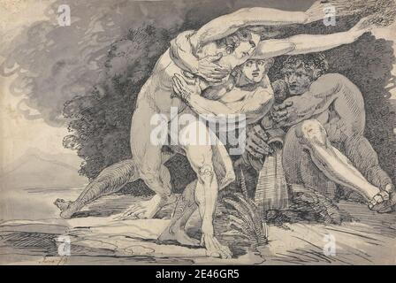 Master of the Giants, attivo 1779, britannico, Apollo e Daphne, tra il 1770 e il 1799. Penna e inchiostro nero con lavaggi grigi e grafite; verso: Inchiostro a penna e marrone su carta media, leggermente testurizzata, crema posata. Rami , rami , Daphne , caraffa , uomini , Metamorfosi , versamenti , soggetto religioso e mitologico , dio-fiume , alberi , acqua , donna Foto Stock