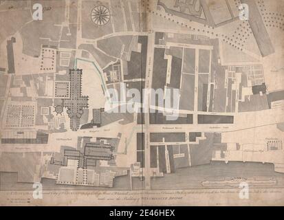 Artista sconosciuto, XVIII secolo, un piano di una parte dell'antica città di Westminster, da College Street a Whitehall, E dal Tamigi al St. James's Park, in cui sono disposte tutte le nuove strade che sono state costruite e altre modifiche apportate dall'edificio del Westminster Bridge, stampato nel 1740, disegnate ca. 1760. Incisione a filo con penna e inchiostro nero, lavaggio blu e grafite su carta leggermente spessa, testurizzata, crema con un solo marchio di piega. Soggetto architettonico , urbanistica , incoronazione , piano (concetto formale). Città di Westminster , Inghilterra , Londra , Palazzo di W. Foto Stock