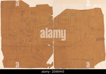 Artista sconosciuto, XVIII secolo, piano di Westminster che mostra la strada dell'incoronazione di Giorgio II, ca. 1727. Grafite e penna e inchiostro nero su carta wove marrone liscia, sottile, con un contrassegno di piegatura Scala di barra da 1/8 pollici a 10 piedi, circa. Soggetto architettonico, urbanistica, incoronazione, piano (concetto formale). Città di Westminster , Inghilterra , Londra , Palazzo di Westminster , Regno Unito , Abbazia di Westminster Foto Stock