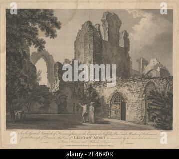 Stampa realizzata da William Byrne, 1743â–1805, British, View of Leiston Abbey, 1781. Incisione e stipsi su carta leggermente spessa, testurizzata, beige posata. abbazia , archi , soggetto architettonico , blocchi , cespugli , chiesa , nuvole , porte , vestito fantasia , giardino , cappelli , Signore , uomini , nobiluomini , piante , rovine , turisti , torri , alberi , bastoni da passeggio , donne. Inghilterra , Leiston , Leiston Abbey , Suffolk , Regno Unito Foto Stock