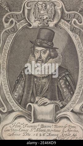 Artista sconosciuto, Sir Francis Bacon, 1° Visconte San Alban, 1627. Incisione su carta media, moderatamente testurizzata, crema, carta posata, montata su carta media, moderatamente testurizzata, blu, wove. Foto Stock