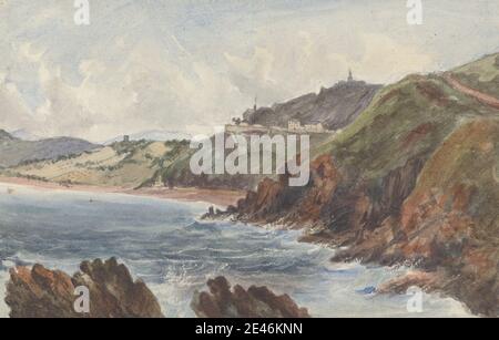 James Arthur o'Connor, 1792â–1841, irlandese, Bray Head e F (cut-off), non ondato. Watercolo, grafite, gouache, graffiando su medio, leggermente testurizzato, crema, carta di wove. Scogliere , paesaggio , rocce (forme di terra) , mare Foto Stock