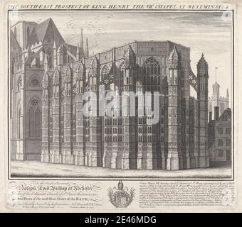 Stampa realizzata da William Henry Toms, ca. 1700â-ca. 1750, British, la prospettiva sud-est della cappella del re Enrico il VII a Westminster, 1739. Incisione a linee su carta a trama moderata, media, bianca, soggetto architettonico. Città di Westminster , Inghilterra , Londra , Palazzo di Westminster , Regno Unito , Abbazia di Westminster Foto Stock