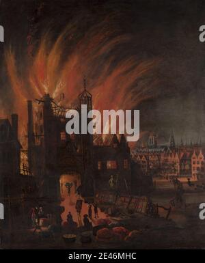 Artista sconosciuto, XVII secolo, il Grande incendio di Londra, con Ludgate e Old St. Paul's, ca. 1670. Olio su tela. Edifici , chiesa , città , paesaggio urbano , istituzione correttistica , fuoco , fiamme , soggetto storico , persone , portullis , prigione , fiume , fumo. Inghilterra , Europa , Londra , Ludgate , Cattedrale di San Paolo , Tamigi , Regno Unito Foto Stock