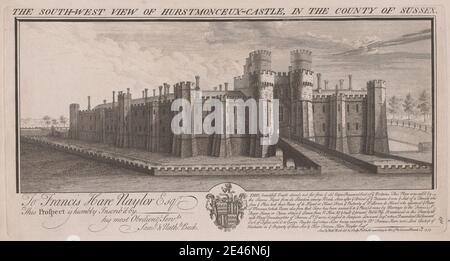 Samuel Buck, 1696–1779, inglese, vista sud-ovest del castello di Hertsmonceux nella contea di Sussex, 1737. Incisione con grafite su carta leggermente testurizzata, media, crema, soggetto architettonico, castello, vista esterna, casa. East Sussex , Inghilterra , Europa , Herstmonceux , Regno Unito Foto Stock