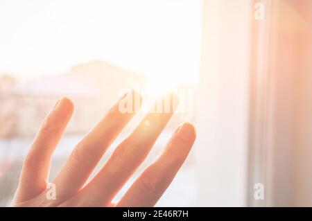 la mano femminile con le dita si diffonde nella luce in raggi del sole dorato Foto Stock