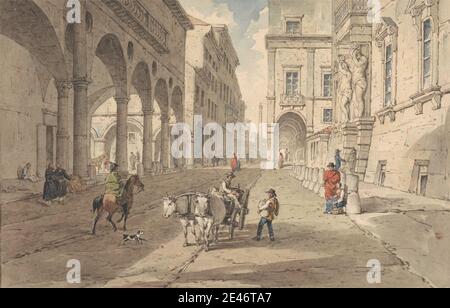 John Augustus Atkinson, 1775–1831, British, Bologna, View in the strada maggiore, 1819. Acquerello, penna e inchiostro marrone e grafite su carta di wove crema leggermente spessa. Archi , paesaggio urbano , cani (animali) , figure , Grand Tour , cavalli (animali) , uomini , donne. Bologna , Europa , Italia Foto Stock