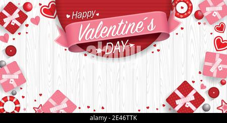 Buon San Valentino su un nastro rosa su sfondo rosso circondato da scatole regalo, cuori, stelle e palline rosse e rosa su sfondo bianco di legno. Illustrazione Vettoriale