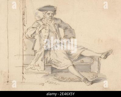 Louis Philippe Boitard, attivo 1734–1760, ufficiale Navale seduto fumo, non datato. Penna, inchiostro marrone e grigio lavano su carta media, leggermente testurizzata, crema posata. Figure (illustrazioni) , ufficiali (ufficiali militari) , corda , seduta , fumo , gradini Foto Stock