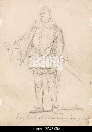 Thomas Girtin, 1775–1802, inglese, Figura Costume Study: Nobiluomo inglese, tra il 1793 e il 1795. Grafite su carta media, leggermente testurizzata, wove beige. costume , inglese , figura , studio figura , maschio , nobile , spada Foto Stock