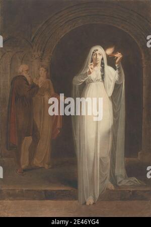 Henry Pierce Bone, 1779–1855, inglese, The Sleepwalking Scene in Macbeth, senza nome. Acquerello, penna e inchiostro nero, inchiostro marrone, grafite e tracce di gouache bianco su carta wove di spessore moderato, moderatamente testurizzata, beige. Arco , candela , capo , capitelli , colonne , abiti , fiamma , cappuccio , signora , tema letterario , Macbeth, atto V, scena i , Macbeth, Gioco di William Shakespeare , uomini , palazzo , medico , gioco , giochi di William Shakespeare , ceneri , scialli , scarpe , sonnambulante , gradini , tunica , velo , donne. Lady Macbeth (personaggio di Macbeth) Siddons (nata Kemble), Sarah (1755–1831), actre Foto Stock