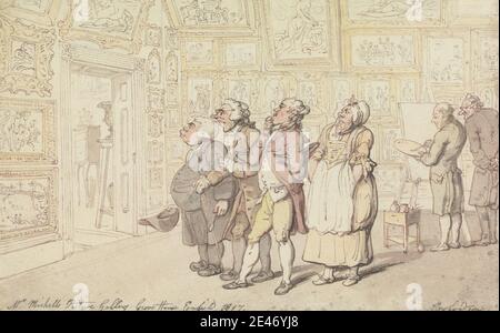 Thomas Rowlandson, 1756–1827, British, Michell's Picture Gallery, Grove House, Enfield 1817, 1817. Acquerello e grafite con inchiostro grigio e penna e inchiostro marrone su carta media, moderatamente testurizzata, crema wove. Artista , portone , cavalletto , cornici (arredamento) , galleria (spazio espositivo) , genere soggetto , uomini , dipinti , donna. Enfield , Inghilterra , Europa , Grande Londra , Regno Unito Foto Stock