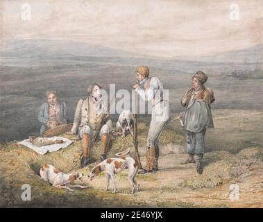 Henry Thomas Alken, 1785–1851, British, Grouse Shooting: The Wrong Sort, Undated. Acquerello, penna e inchiostro nero, inchiostro marrone, e grafite su carta media, leggermente testurizzata, crema, wove, montata su carta spessa, moderatamente testurizzata, marrone, wove. cesto , coperta , cani (animali) , erba , gobba , collina , hounds (cani) , caccia , cacciatori , caccia , paesaggio , uomini , rocce (forme di terra) , fucili , arte sportiva Foto Stock