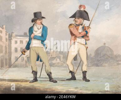 John Sell Cotman, 1782–1842, inglese, caricatura di due uomini con spade disegnate (una di tre), 1799. Acquerello e inchiostro marrone su carta wove media, liscia, crema. Caricatura , studio figurativo , uomini , spade Foto Stock