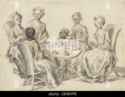 Artista sconosciuto, XVIII secolo, il Tea Party, non datato. Inchiostro a penna e marrone e colore grigio su carta media, leggermente testurizzata, crema. Dominio pubblico Foto Stock
