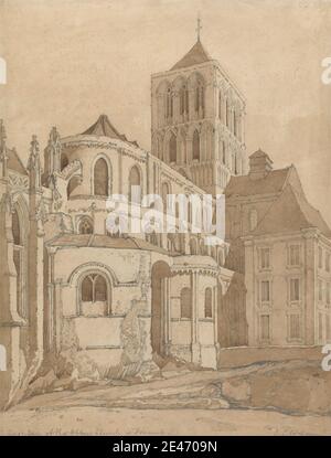 John Sell Cotman, 1782–1842, inglese, Abbey Church a Fecamp, Normandia, ca. 1818. Grafite e marrone su carta di wove media, liscia, crema. Soggetto architettonico , chiesa. Francia , Fécamp , Normandia Foto Stock