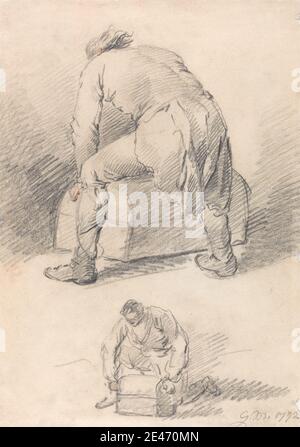 George Morland, 1763–1804, British, A Man Lifting a Trunk, due studi su un foglio, 1792. Grafite, gesso nero e gesso rosso su carta media, leggermente testurizzata, di wove crema. Petto , studio di figura , figure (rappresentazioni) , uomini , casse a capriate Foto Stock