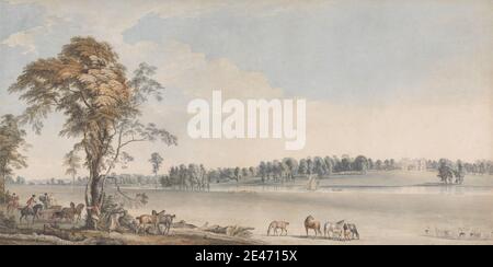 Paul Sandby RA, 1731–1809, British, North West View of Wakefield Lodge in Whittlebury Forest, Northamptonshire, 1767. Acquerello con penna e inchiostro grigio e tocchi di vernice d'oro su grafite su carta posata media, leggermente testurizzata posata su spessa, crema, moderatamente testurizzata wove paper mount. Barca , carrozza , bestiame , bestiame , nuvole , figure , foresta , paesaggio , uomini , nord , fiume , barca a vela , cielo , alberi , ovest , donne. Europa , Northamptonshire , Regno Unito , Whittlebury Foto Stock