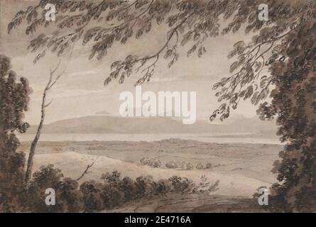 John Robert Cozens, 1752–1797, inglese, il lago di Ginevra dal Cantone di Berna, 1776. Acquerello, lavaggio grigio, lavaggio marrone, grafite, penna e inchiostro nero su carta media, leggermente testurizzata, crema. Grand Tour , colline , laghi , paesaggio , montagne , alberi. Ginevra, Lago di , Svizzera Foto Stock