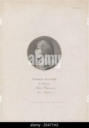 Stampa di William Blake, 1757–1827, British, Thomas Hayley (1780-1800), 1800. Incisione a piolo e incisione a linea su carta d'oro crema di spessore moderato, liscia. Artista , libro , ragazzo , circolare , cravat , discepolo , studio della figura , capelli , medaglione , ritratto , profilo , scultore. Flaxman, John (1755-1826), scultore Hayley, Thomas Alphonso (1780-1800), scultore Foto Stock