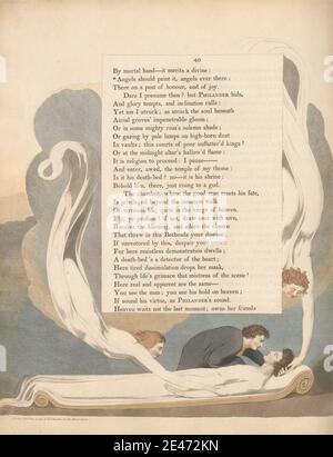 Stampa di William Blake, 1757–1827, British, Young's Night Thoughts, pagina 40, 'Angels should Paint it, Angels ever there', 1797. Incisione e incisione a filo con acquerello su carta d'oro di spessore moderato, leggermente testurizzata, crema: Angeli , letto , tema letterario , uomini , soggetto religioso e mitologico , abiti , testo , donne Foto Stock