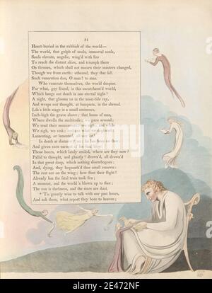 Stampa fatta da William Blake, 1757–1827, British, Young's Night Thoughts, pagina 31, ''Tis grandemente saggio parlare con le nostre ore passate', 1797. Incisione e incisione a filo con acquerello su carta d'wove di spessore moderato, leggermente testurizzata. Sedia , tema letterario , uomo , carta , soggetto religioso e mitologico , scrolls , seduto , seduta , testo , donna Foto Stock