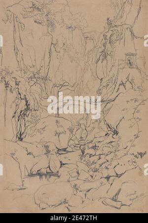 Edward Lear, 1812–1888, British, Sorrento, 1838. Grafite su carta wove beige di spessore moderato, leggermente testurizzata. Massi , ponte (opera costruita) , scogliere , figura (rappresentazione) , gola (forma di terra) , paesaggio , rocce (forme di terra) , strutture (opere singole costruite) , alberi , acqua. Campania , Italia , Sorrento Foto Stock