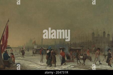 Samuel Collings, attivo dal 1784 al 1795, inglese, Frost on the Thames, dal 1788 al 1789. Olio su tela. Pubblicità , barche , cabine, esposizione , braziers (riscaldamento) , cattedrale , bambini , chiesa , paesaggio urbano , costume , asino , fiera , fuoco , bandiere , gelo , genere oggetto , hotel , ghiaccio , mercato (evento) , mastici , alberi , uomini , monumento , persone , fiume , vendita , pala , segni , neve , personale (bastone da passeggio) , stand , torre (divisione edilizia) , a piedi , inverno , donne. Inghilterra , Londra , Cattedrale di San Paolo , Tamigi , Torre di Londra , Regno Unito Foto Stock