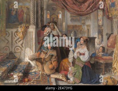 John Frederick Lewis, 1804–1876, inglese, pellegrini romani, 1854. Acquerello, gouache, gomma e grafite su carta spessa, moderatamente testurizzata, crema wove montata a bordo. Libri , pane , tappeti , sedia , bambini , chiesa , colonne , tessuti , piuma , cibo , affreschi , interni , luce , Madonna: Cioè Maria con il Cristo-bambino , uomini , arancio , pavone (uccello) , pellegrini , santi , vetrate , arazzi , la Vergine Maria , finestre , donne Foto Stock