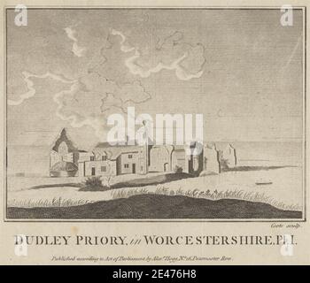 Stampa fatta da M. Coote, attivo 1876, Dudley Priory in Worcestershire, Plate 1, prima del 1786. Incisione e incisione di linee su carta bianca, leggermente testurizzata, bluled, arcate , soggetto architettonico , architettura , nubi , erba , fieno , monastero , priorato , edificio religioso , rovine , torre (divisione edilizia). Dudley , Dudley Priory , Inghilterra , Regno Unito , Worcestershire Foto Stock