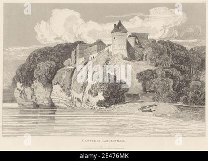 Stampa realizzata da John Sell Cotman, 1782–1842, British, Castle at Tancarville, 1821. Incisione su carta di wove crema di spessore moderato, leggermente testurizzata. Soggetto architettonico , architettura , barche , edifici , castello , scogliere , costa , case , paesaggio , fiume , rive del fiume , riva (landform) , alberi , torretta (torre) , muri. Château , Francia , Haute-Normandie , Seine-Maritime, Département de la , Tancarville Foto Stock